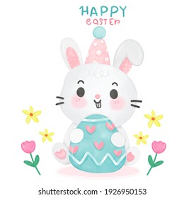 easter bunny vector with egg and flower illustration for Easter holiday and spring season kawaii cartoon: Series fairy tale character (flat Girly doodles). Perfect Nursery children, kids, greeting.