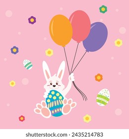 Easter bunny vector holding egg and party balloons