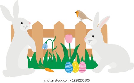 Easter Bunny vector illustration. Colorful egg birds rabbit and floral decor