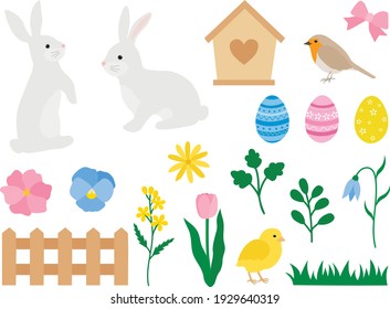 Easter Bunny vector illustration. Colorful egg birds rabbit and floral decor