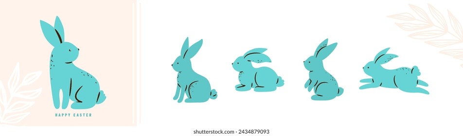 Easter bunny vector illustration. Cute rabbits in different poses, blue color, simple modern flat style.