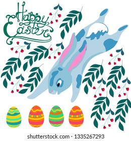 Easter Bunny vector illustration, eggs, berry leaves