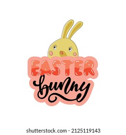 Easter bunny vector illustration with hand drawn text. Cute rabbit for Happy Easter card. Hand lettering design for greeting card, poster, sticker, postcard. Modern brush calligraphy