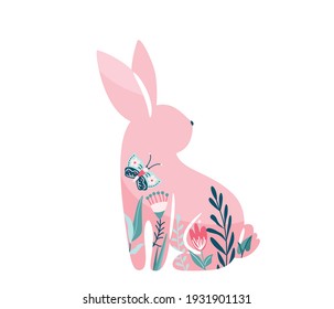 Easter bunny vector illustration. Pink rabbit with floral, flowers decoration inside hare shape isolated on white background. Cute print design character in flat cartoon scandinavian style.
