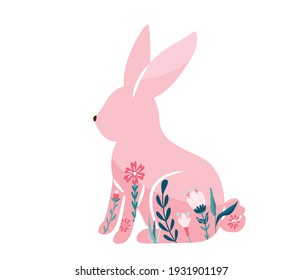 Easter bunny vector illustration. Pink rabbit with floral, flowers decoration inside hare shape isolated on white background. Cute print design character in flat cartoon scandinavian style.