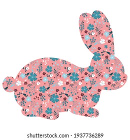 Easter bunny vector illustration. Pink rabbit with floral, flowers decoration inside hare shape isolated on white background
