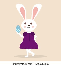 Easter bunny vector illustration. A rabbit dressed in a beautiful purple dress with an egg in its paws.