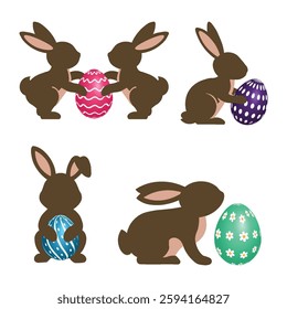 Easter Bunny Vector Illustration Set – Cute Rabbits Silhouette with Eggs in Different Poses for Spring, Holiday, Cards, and Festive Designs