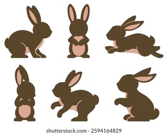 Easter Bunny Vector Illustration Set – Cute Rabbits Silhouette in Different Poses: Hopping, Sitting, and Playing – Isolated on White Background