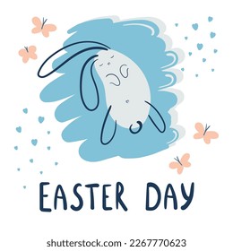 Easter bunny vector illustration with Easter time slogan. Hand drawn easter rabbit on a light white background with flowers and butterfly