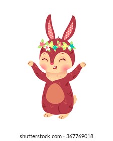 Easter bunny vector isolated on white background. Cute cartoon bunny with flower wreath.