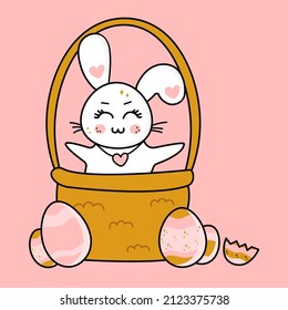 easter bunny in vector kawaii cartoon style in a basket with eggs