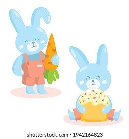 Easter bunny, vector rabbits with carrot and easter cake.