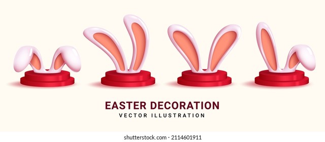 Easter bunny vector set design. 3d bunny ears in figurine decoration and playful gestures with podium elements for easter holiday object collection. Vector illustration.
