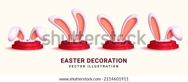 Easter bunny vector\
set design. 3d bunny ears in figurine decoration and playful\
gestures with podium elements for easter holiday object collection.\
Vector illustration.\

