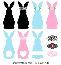 Easter Bunny. Vector silhouette. Rabbit monogram. Floral wreath. For paper,laser cutting, sublimation. Cute festive character with flowers. Holiday symbol. Isolated on white background.