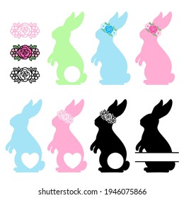 Easter Bunny vector silhouette. Rabbit monogram. Floral wreath. Isolated on white background. For paper,laser cutting, sublimation. Cute festive character with flowers. Holiday symbol. 