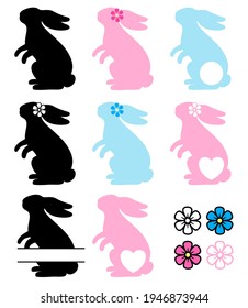 Easter Bunny. Vector silhouette. Rabbit monogram. Floral wreath. For paper,laser cutting, sublimation. Cute festive character with flowers. Holiday symbol. Isolated on white background.