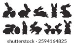 Easter Bunny Vector Silhouette Set – Cute Rabbits with Eggs in Various Poses: Hopping, Sitting, and Playing – Isolated on White Background