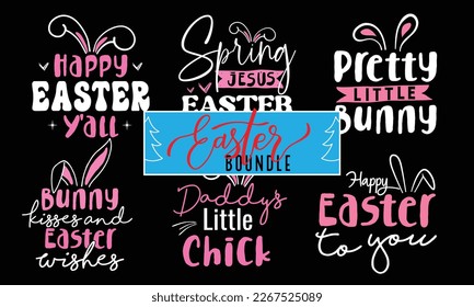Easter Bunny Vector T-Shirt Design Bundle | Hoppy Peeps Hunt Silhouette Series  Plate Typography Quote | My First Baby Motivational Sticker Calligraphy Apparel Template Black Lettering Ready eps