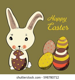 Easter bunny with vintage colored eggs with dots, stripes and stars. Vector illustration on green background