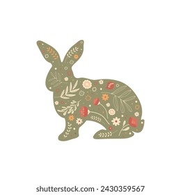 Easter bunny in vintage colors. Illustration with bunny silhouettes, flowers and abstract folk pattern. Vector