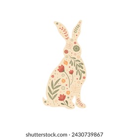 Easter bunny in vintage colors. Illustration with bunny silhouettes, flowers and abstract folk pattern. Vector