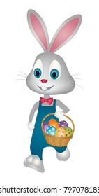 Easter bunny walking with a basket full of eggs