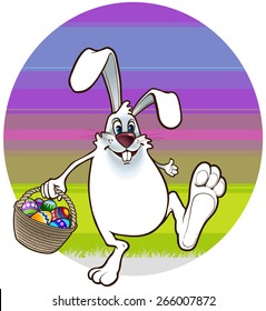 Easter Bunny walks with a basket full of easter eggs