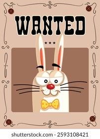 
Easter Bunny Wanted Poster Vector Cartoon Design Illustration. Funny criminal hare being on the rug during holidays 
