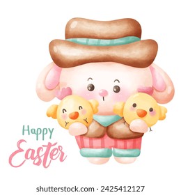 Easter bunny watercolor boy hug little chick. Series: Kawaii animals rabbit egg hunting (Character cartoon). Spring activities holiday. Perfect make a wish for baby t shirt fairy tale book.
