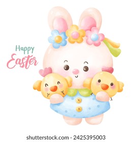 Easter bunny watercolor girl hug little chicken. Series: Kawaii animals rabbit egg hunting (Character cartoon). Spring activities holiday. Perfect make a wish for baby t shirt fairy tale book.