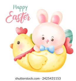 Easter bunny watercolor in hen basket. Series: Kawaii animals rabbit egg hunting (Character cartoon). Spring activities holiday. Perfect make a wish for baby t shirt fairy tale book, celebration party