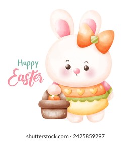 Easter bunny watercolor holding basket. Series: Kawaii animals rabbit egg hunting (Character cartoon). Spring activities holiday. Perfect make a wish for baby t shirt fairy tale book, celebration.