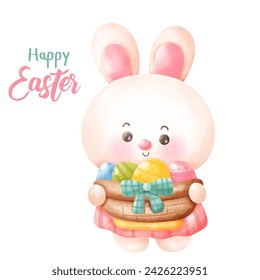 Easter bunny watercolor holding basket. Series: Kawaii animals rabbit egg hunting (Character cartoon). Spring activities holiday. Perfect make a wish for baby t shirt fairy tale book, celebration.