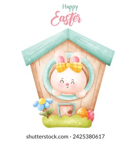 Easter bunny watercolor in house. Series: Kawaii animals rabbit egg hunting (Character cartoon). Spring activities holiday. Perfect make a wish for baby t shirt fairy tale book, celebration party.