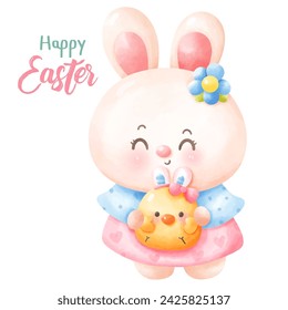 Easter bunny watercolor hug little chick. Series: Kawaii animals rabbit egg hunting (Character cartoon). Spring activities holiday. Perfect make a wish for baby t shirt fairy tale book, celebration.