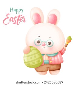 Easter bunny watercolor painting eggs colorful. Series: Kawaii animals rabbit egg hunting (Character cartoon). Spring activities holiday. Perfect make a wish for baby t shirt fairy tale book.