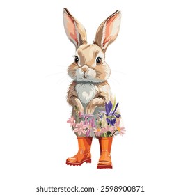 Easter bunny in watercolour style. Happy esater concept. Rabbit in boots and spring flowers. 