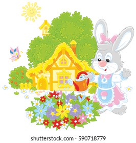 Easter Bunny watering beautiful flowers in a flowerbed in front of its farmhouse