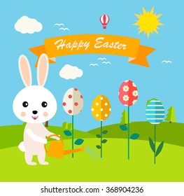 Easter bunny watering eggs flowers on landscape background, Happy Easter greeting card, vector illustration