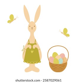 Easter Bunny wearing an apron with a hamper and easter eggs, rabbit with a basket, vector illustration