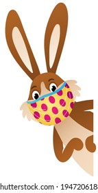 Easter Bunny wearing colorful face mask peeking from the side isolated on white background