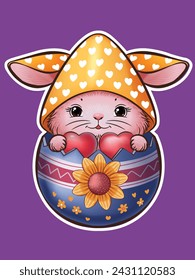 Easter bunny wearing gnome hat character hatching from a colorful egg isolated on a purple background