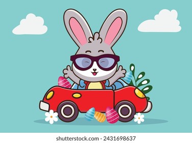 Osterhase mit Sonnenbrille auf einem Auto mit einigen Eiern Vektor-Illustration.