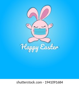 Easter bunny wears a mask, bunny icon with the blue background, Easter day during COVID-19.