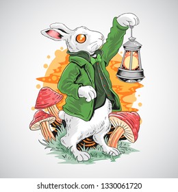 The Easter Bunny wears a St. Patrick's Day jacket carrying an oil lamp