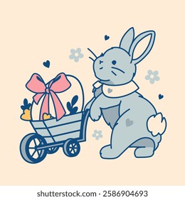 Easter bunny and a wheelbarrow with colorful egg tied with a big coquettish bow. Vintage pastel illustration with a modern twist for greeting cards, children's prints and spring seasonal greetings