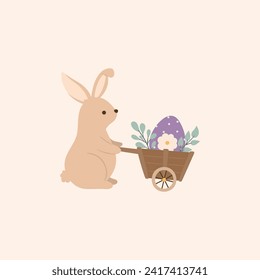 Conejo de Pascua con carretilla con huevo y hojas en él, ilustración vectorial en colores pastel