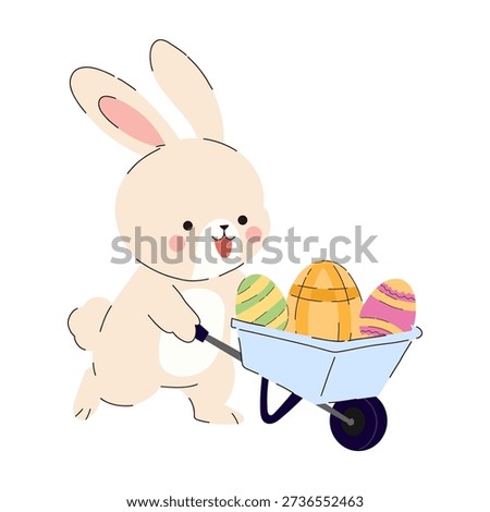 Easter bunny with wheelbarrow. Smiling rabbit pushing cart filled with colorful decorated Easter eggs. Bunny character in soft pastel tones, rounded body shapes, and minimal details on a white background. Easter preparation and holiday activities. Perfect for Easter cards, children’s illustrations, holiday packaging, stickers, festive posters, nursery decor, and seasonal branding projects.
